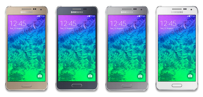 The Samsung Galaxy Alpha in Frosted Gold, Charcoal Black, Sleek Silver, and Dazzling White.