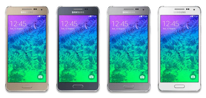 Galaxy Alpha The Samsung Galaxy Alpha in Frosted Gold, Charcoal Black, Sleek Silver, and Dazzling White.