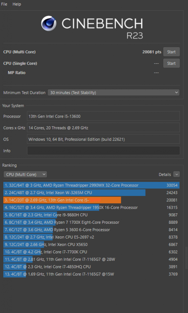 Cinebench Run I5 13th Gen