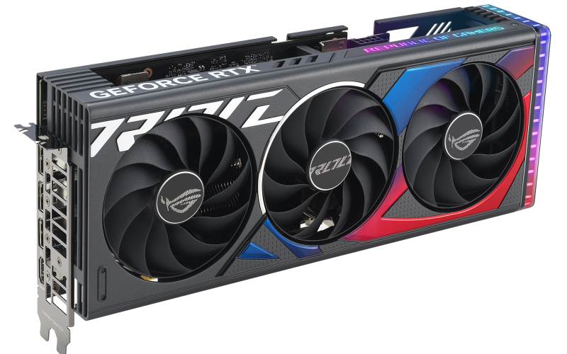 Rog Strix Geforce Rtx 4060 Ti Angled Top Down View Highlighting The Fans Argb Element And Io Ports 
