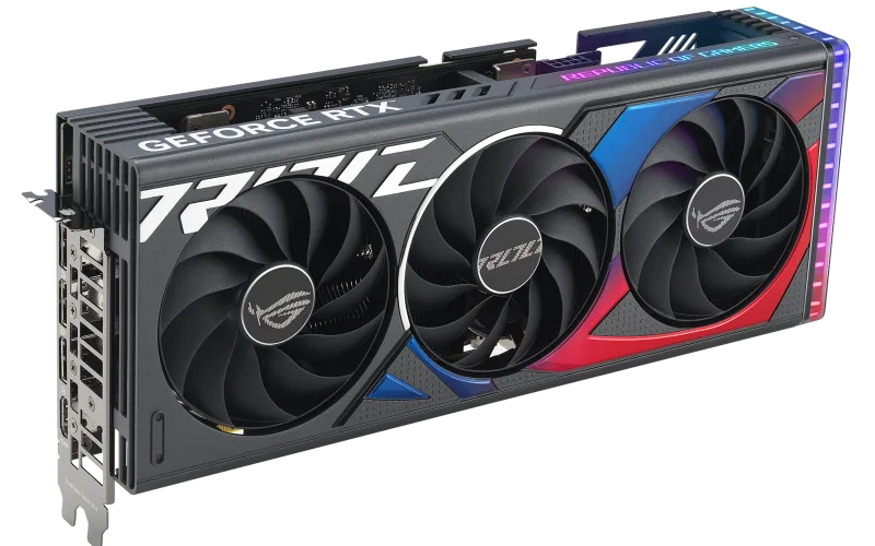 Rog Strix Geforce Rtx 4060 Ti Angled Top Down View Highlighting The Fans Argb Element And Io Ports 