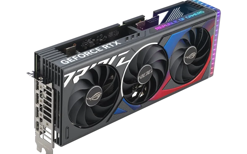 Rog Strix Geforce Rtx 4060 Ti Angled Top Down View Highlighting The Fans Argb Element And Io Ports1