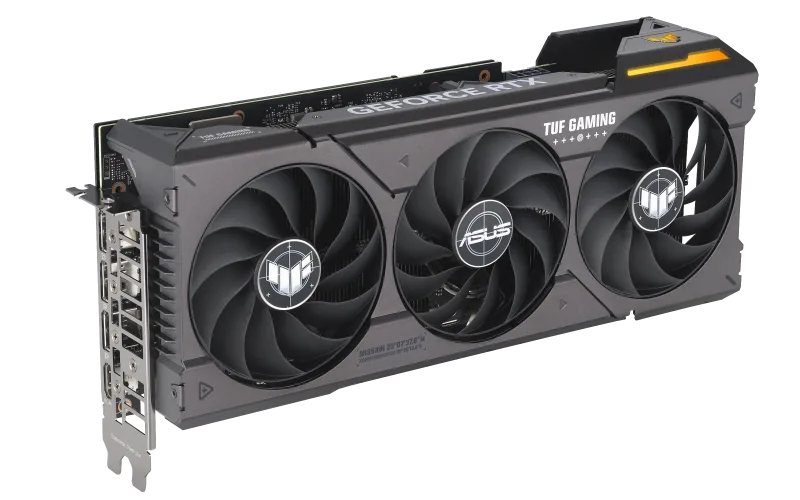 Tuf Gaming Geforce Rtx 4060 Ti Graphics Card Angled Top Down View Highlighting The Fans Argb Element And Io Ports 