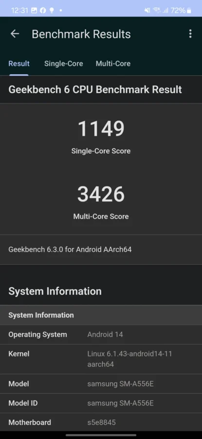 Galaxy A55 5G Screenshot 20240725 003132 Geekbench 6