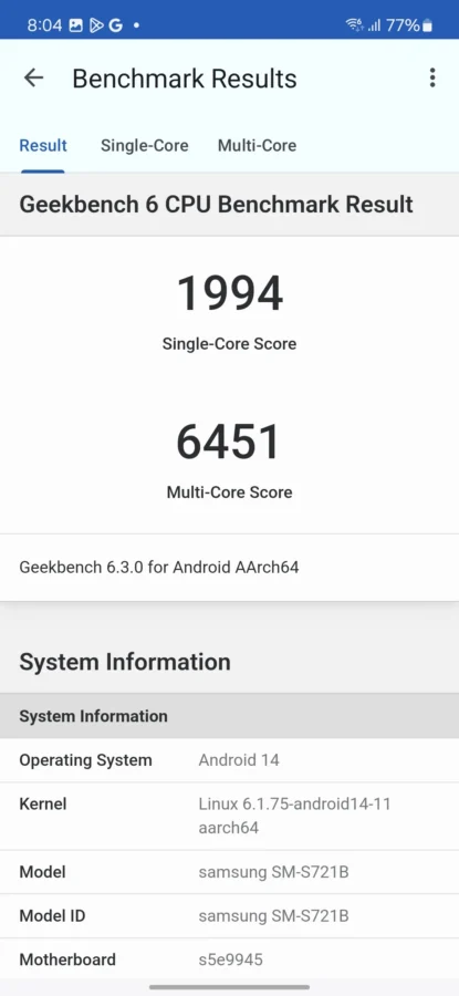 samsung galaxy s24 fe Screenshot 20241020 200447 Geekbench 6