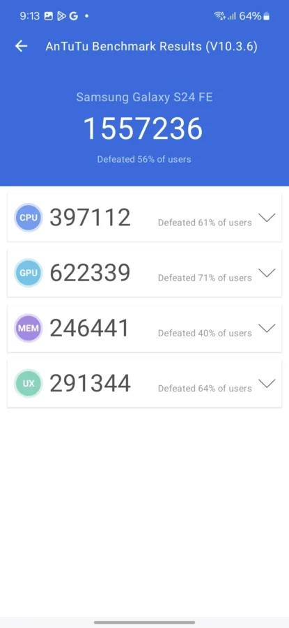 samsung galaxy s24 fe Screenshot 20241020 211312 Antutu Benchmark