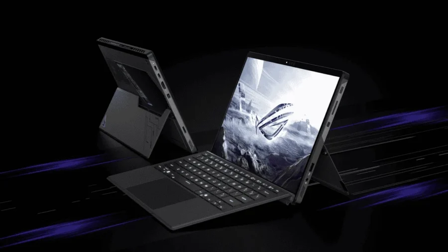 ROG 03 Two Rog Flow Z13 Shown In Front And Back Views, Featuring A Detachable Keyboard And Glowing Accents In A Dark Setting