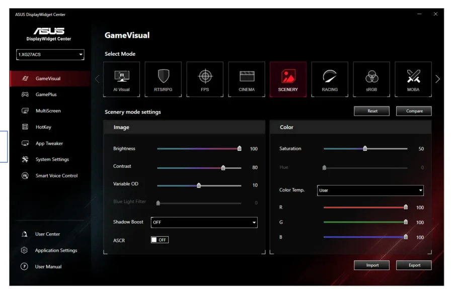 Remote control of ROG STRIX XG27ACS monitor settings using ASUS Display Widget Center